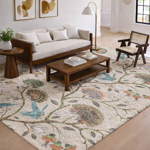 Addison Rugs Dream Shag Premium Machine Washable Transitional Hummingbirds Beige Rectangle Rug, 9' x 12'