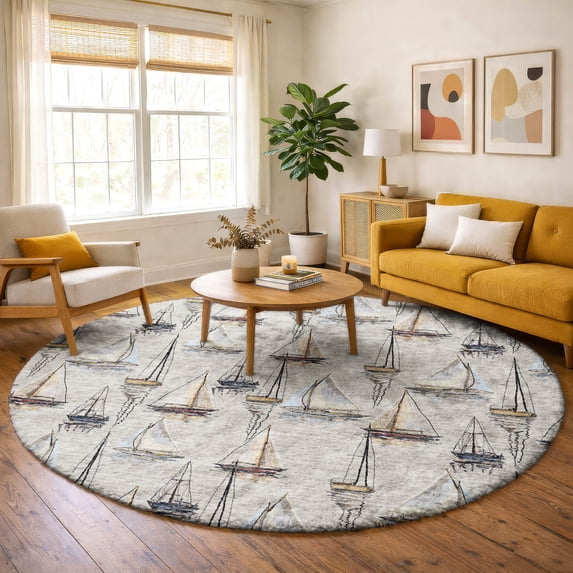 Addison Rugs Dream Shag Premium Machine Washable Transitional Sailboat Ivory Round Rug, 8' x 8'