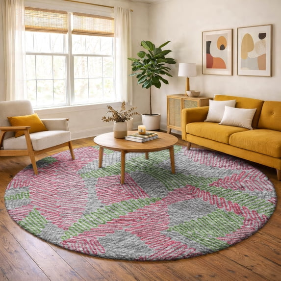Addison Rugs Dream Shag Premium Machine Washable Transitional Tropical, Leaves, Botanical Pink Round Rug, 8' x 8'