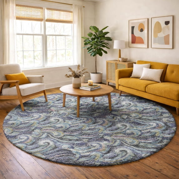 Addison Rugs Dream Shag Premium Machine Washable Transitional Mosaic Waves Stormy Round Rug, 8' x 8'