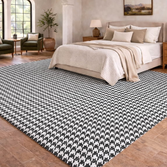 Addison Rugs Dream Shag Premium Machine Washable Transitional Houndstooth Black Rectangle Rug, 3' x 5'