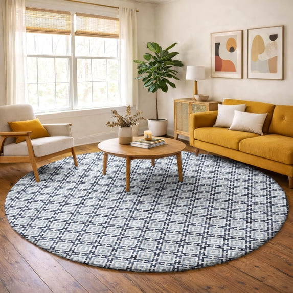 Addison Rugs Dream Shag Premium Machine Washable Transitional Modern Squares Navy Round Rug, 8' x 8'