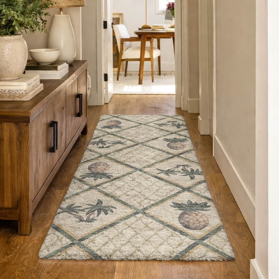 Addison Rugs Dream Shag Premium Machine Washable Transitional Bamboo & Pineapples Palm Runner Rug, 2'3" x 7'6"