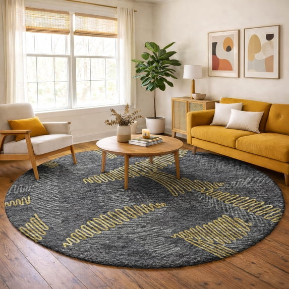 Addison Rugs Dream Shag Premium Machine Washable Transitional Tropical, Leaves, Botanical Gray Round Rug, 8' x 8'