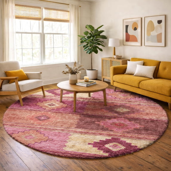 Addison Rugs Dream Shag Premium Machine Washable Transitional Aztec Pink Round Rug, 8' x 8'