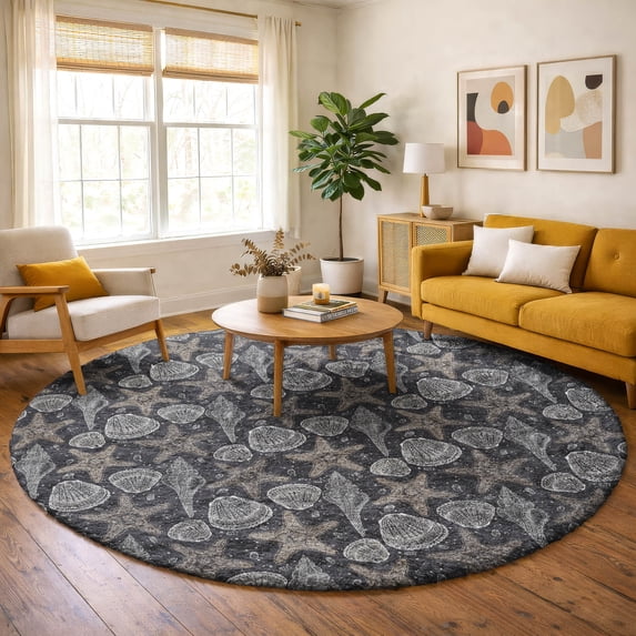 Addison Rugs Dream Shag Premium Machine Washable Transitional Shells Midnight Round Rug, 8' x 8'
