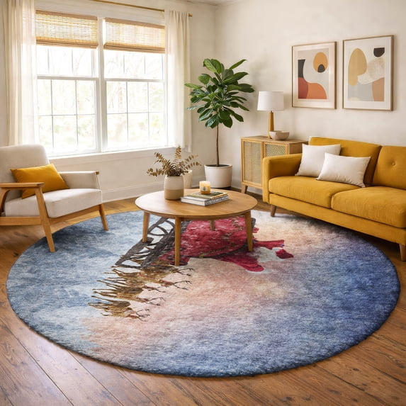 Addison Rugs Dream Shag Premium Machine Washable Transitional Santa Sleigh Blue Round Rug, 8' x 8'