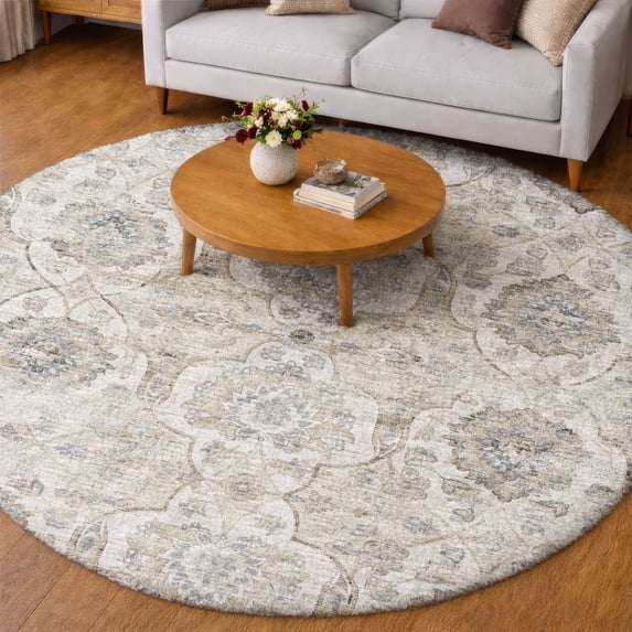 Addison Rugs Dream Shag Premium Machine Washable Traditional Ornate Linen Round Rug, 8' x 8'