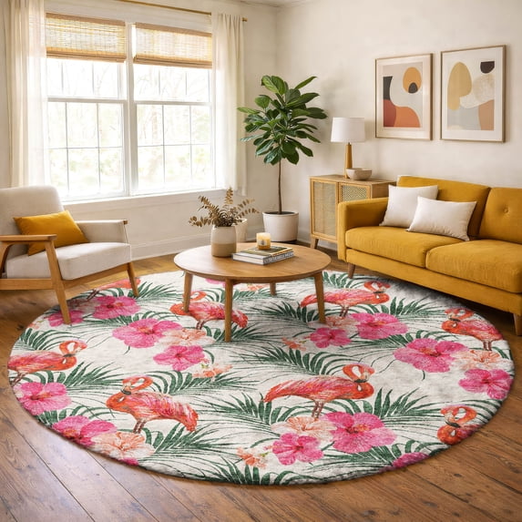Addison Rugs Dream Shag Premium Machine Washable Transitional Leaves & Flamingos Pink Round Rug, 8' x 8'