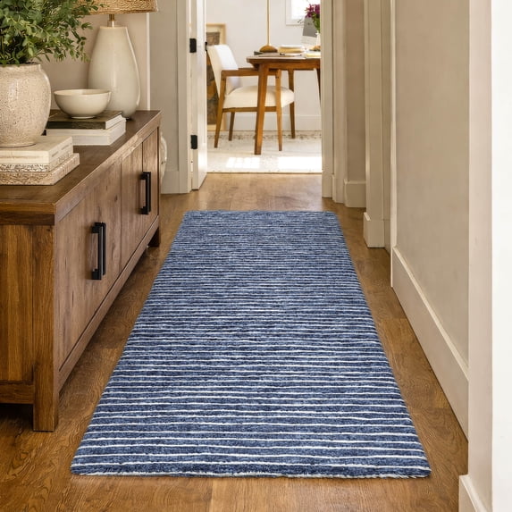 Addison Rugs Dream Shag Premium Machine Washable Transitional Stripes Navy Runner Rug, 2'3" x 7'6"
