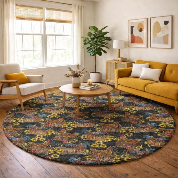 Addison Rugs Dream Shag Premium Machine Washable Transitional Rooster In Basket Midnight Round Rug, 8' x 8'