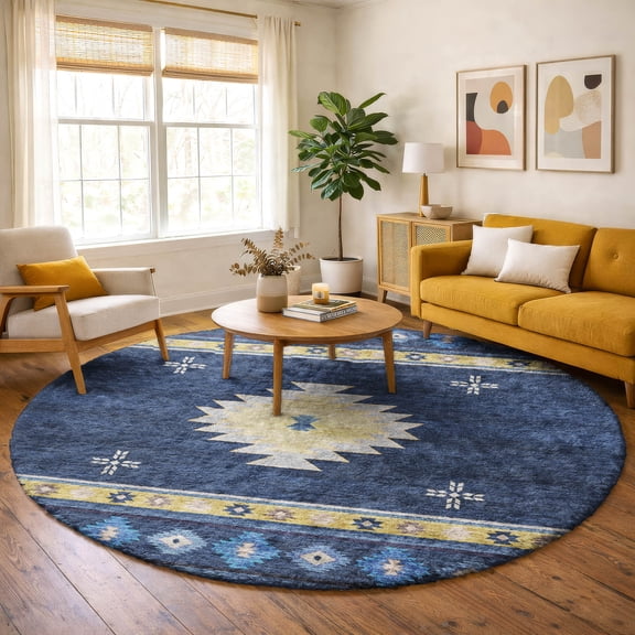 Addison Rugs Dream Shag Premium Machine Washable Transitional Aztec Blue Round Rug, 8' x 8'