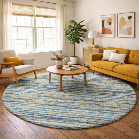 Addison Rugs Dream Shag Premium Machine Washable Transitional Stripes, Bars, Horizontal Lines Blue Round Rug, 8' x 8'