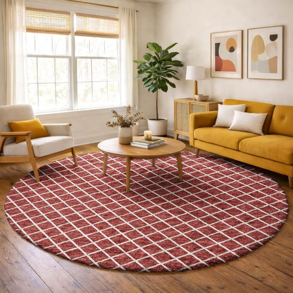 Addison Rugs Dream Shag Premium Machine Washable Transitional Lattice Red Round Rug, 8' x 8'