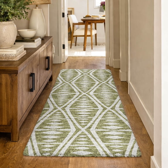 Addison Rugs Dream Shag Premium Machine Washable Transitional Tribal, Boho Olive Runner Rug, 2'3" x 7'6"