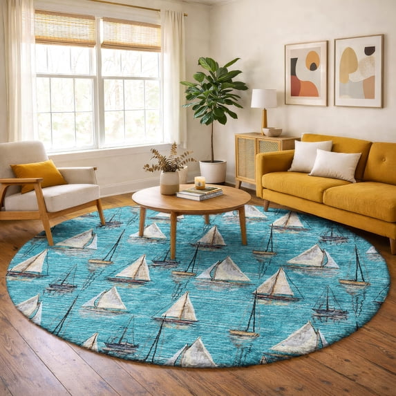 Addison Rugs Dream Shag Premium Machine Washable Transitional Sailboat Teal Round Rug, 8' x 8'