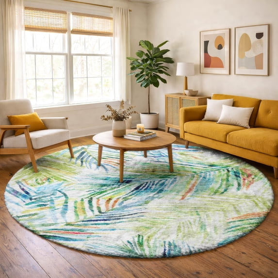 Addison Rugs Dream Shag Premium Machine Washable Transitional Leaves Multi Round Rug, 8' x 8'