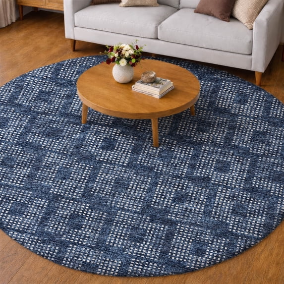 Addison Rugs Dream Shag Premium Machine Washable Transitional Squares Blue Round Rug, 8' x 8'