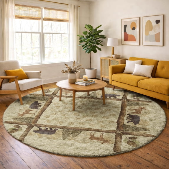 Addison Rugs Dream Shag Premium Machine Washable Transitional Pinecones Khaki Round Rug, 8' x 8'