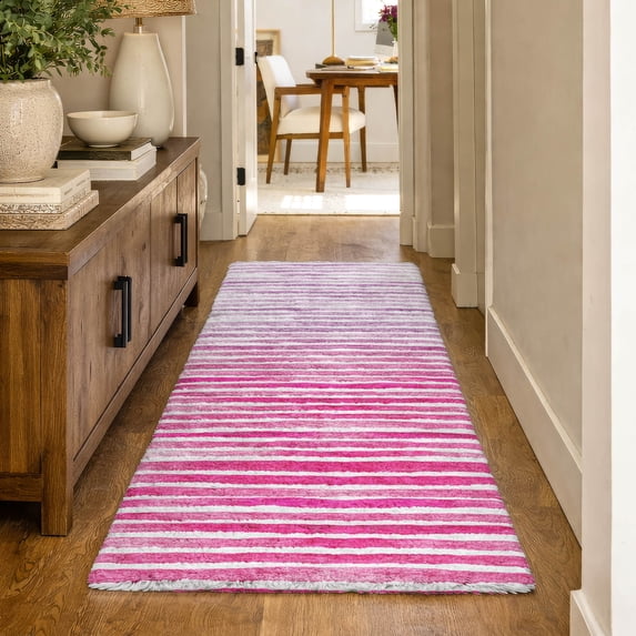 Addison Rugs Dream Shag Premium Machine Washable Transitional Stripes Pink Runner Rug, 2'3" x 7'6"