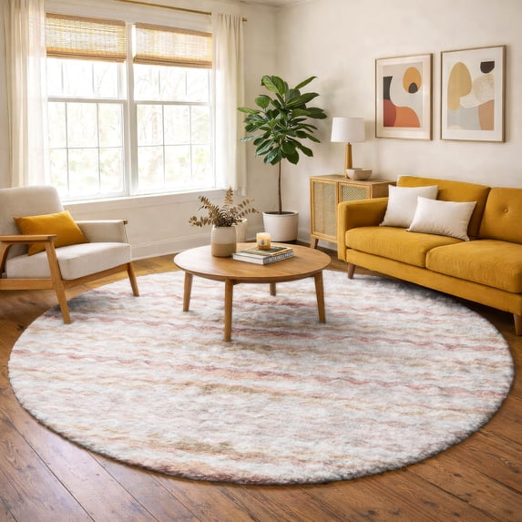 Addison Rugs Dream Shag Premium Machine Washable Transitional Ribbons Peach Round Rug, 8' x 8'