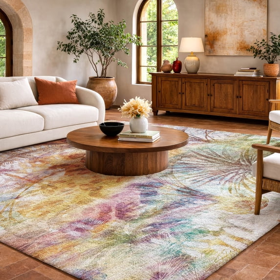 Addison Rugs Dream Shag Premium Machine Washable Transitional Palms Multi Rectangle Rug, 5' x 7'6"