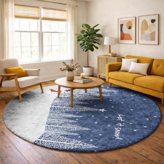 Addison Rugs Dream Shag Premium Machine Washable Transitional Snow Scene Blue Round Rug, 8' x 8'