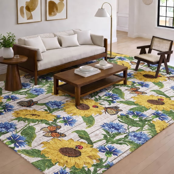 Addison Rugs Dream Shag Premium Machine Washable Transitional Sunflowers/butterflies Yellow Rectangle Rug, 3' x 5'