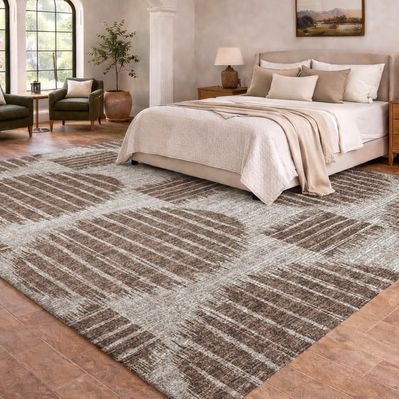 Addison Rugs Dream Shag Premium Machine Washable Transitional Geo, Circles Brown Rectangle Rug, 9' x 12'