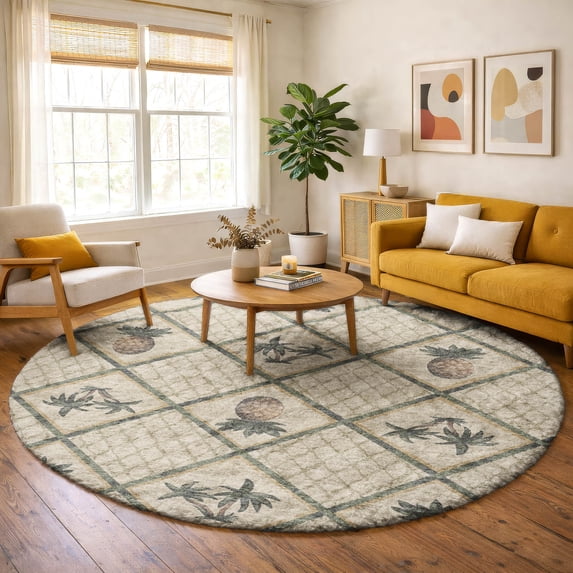 Addison Rugs Dream Shag Premium Machine Washable Transitional Bamboo & Pineapples Palm Round Rug, 8' x 8'