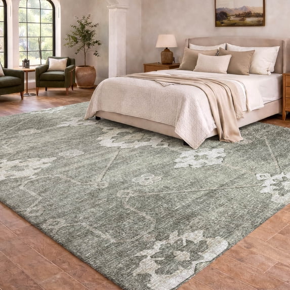 Addison Rugs Dream Shag Premium Machine Washable Transitional Open Field, Ornate Olive Rectangle Rug, 3' x 5'