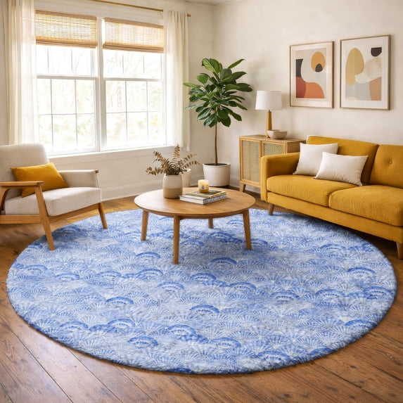 Addison Rugs Dream Shag Premium Machine Washable Transitional Shells Blue Round Rug, 8' x 8'