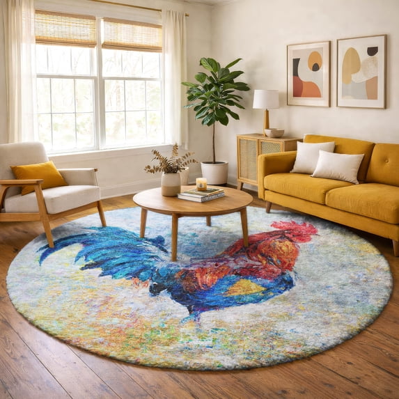 Addison Rugs Dream Shag Premium Machine Washable Transitional Rooster Blue Round Rug, 8' x 8'