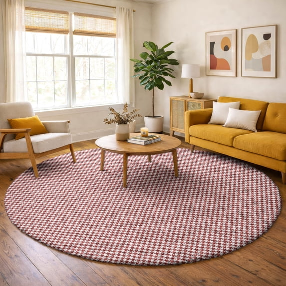 Addison Rugs Dream Shag Premium Machine Washable Transitional Houndstooth Red Round Rug, 8' x 8'