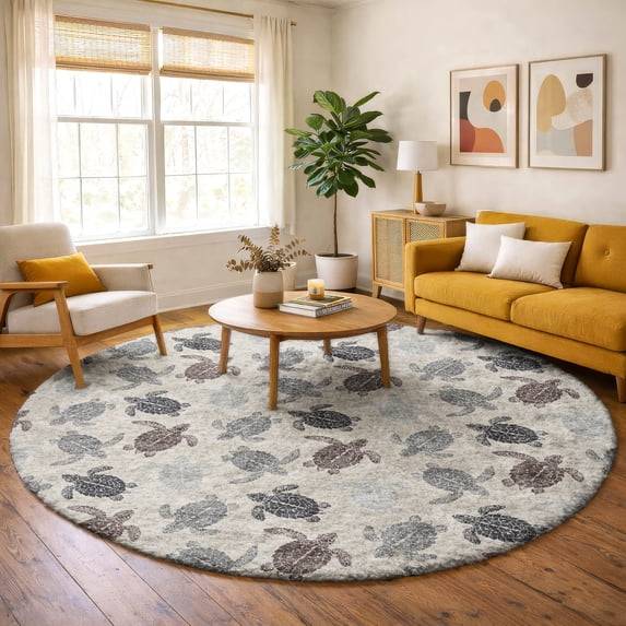 Addison Rugs Dream Shag Premium Machine Washable Transitional Turtles Sand Round Rug, 8' x 8'