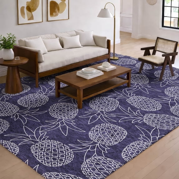 Addison Rugs Dream Shag Premium Machine Washable Transitional Pineapples Blue Rectangle Rug, 3' x 5'