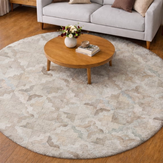 Addison Rugs Dream Shag Premium Machine Washable Transitional Scallop Diamonds Ivory Round Rug, 8' x 8'