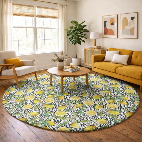 Addison Rugs Dream Shag Premium Machine Washable Transitional Lemons Yellow Round Rug, 8' x 8'