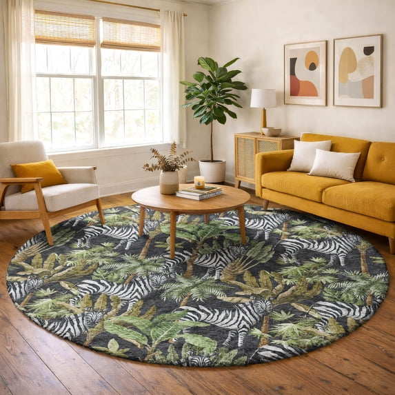 Addison Rugs Dream Shag Premium Machine Washable Transitional Palms & Zebras Midnight Round Rug, 8' x 8'