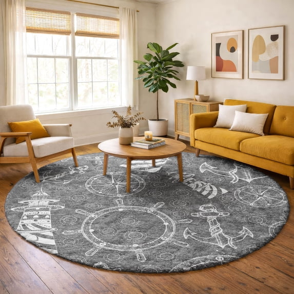 Addison Rugs Dream Shag Premium Machine Washable Transitional Nautical Gray Round Rug, 8' x 8'