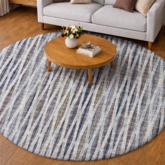 Addison Rugs Dream Shag Premium Machine Washable Transitional Textured Stripes Ocean Round Rug, 8' x 8'