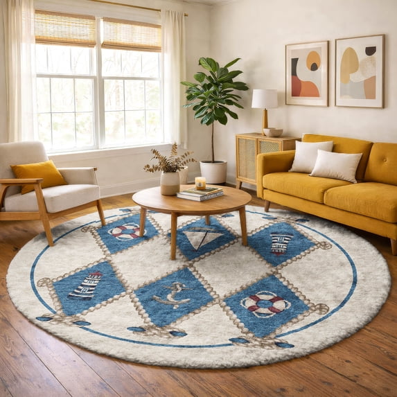 Addison Rugs Dream Shag Premium Machine Washable Transitional Lighthouse Ivory Round Rug, 8' x 8'