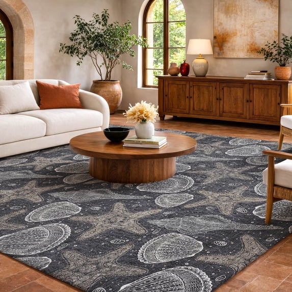 Addison Rugs Dream Shag Premium Machine Washable Transitional Shells Midnight Rectangle Rug, 5' x 7'6"