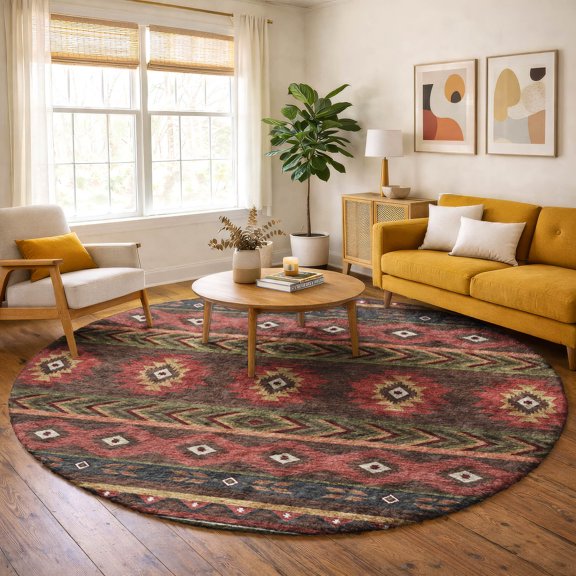 Addison Rugs Dream Shag Premium Machine Washable Transitional Aztec Brown Round Rug, 8' x 8'