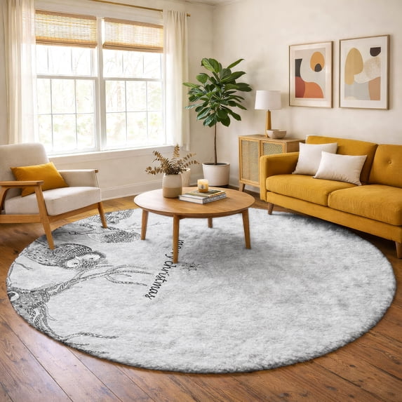 Addison Rugs Dream Shag Premium Machine Washable Transitional Woodsy Animals Gray Round Rug, 8' x 8'