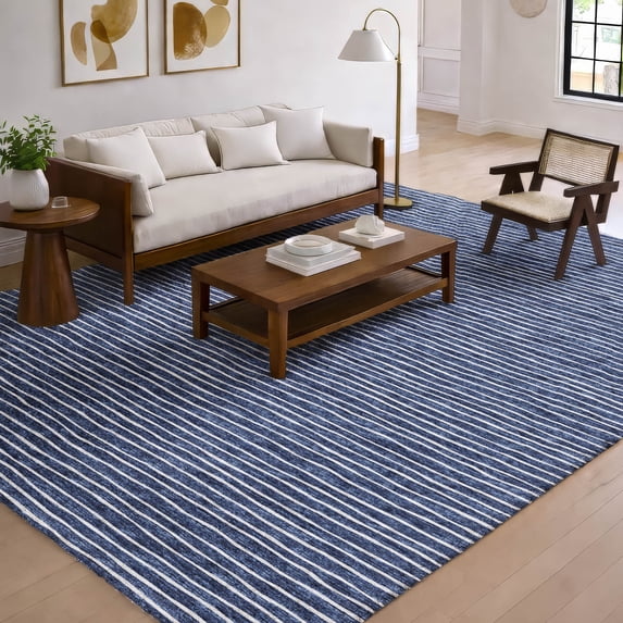 Addison Rugs Dream Shag Premium Machine Washable Transitional Stripes Navy Rectangle Rug, 5' x 7'6"