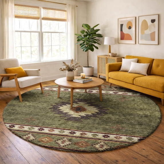 Addison Rugs Dream Shag Premium Machine Washable Transitional Aztec Green Round Rug, 8' x 8'