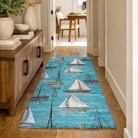 Addison Rugs Dream Shag Premium Machine Washable Transitional Sailboat Teal Runner Rug, 2'3" x 7'6"
