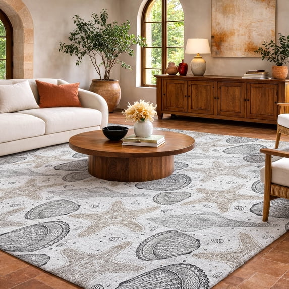 Addison Rugs Dream Shag Premium Machine Washable Transitional Shells Fog Rectangle Rug, 8' x 10'