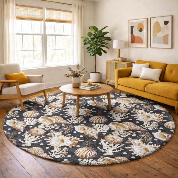 Addison Rugs Dream Shag Premium Machine Washable Transitional Shells Midnight Round Rug, 8' x 8'